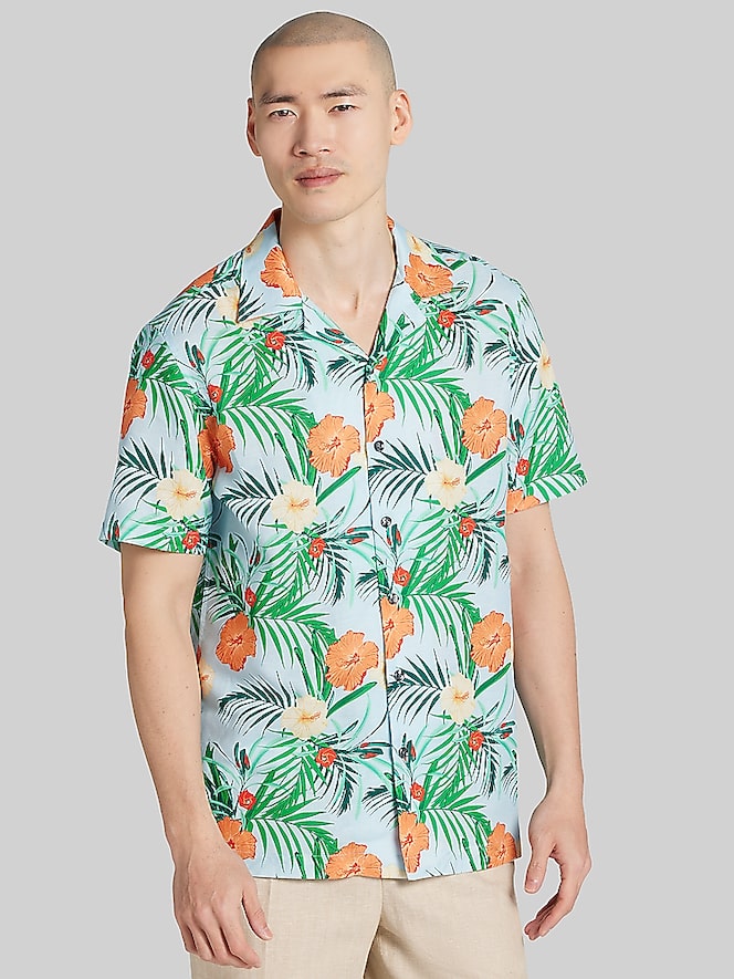Joseph Abboud Modern Fit Tropical Hibiscus and Palm Camp Shirt