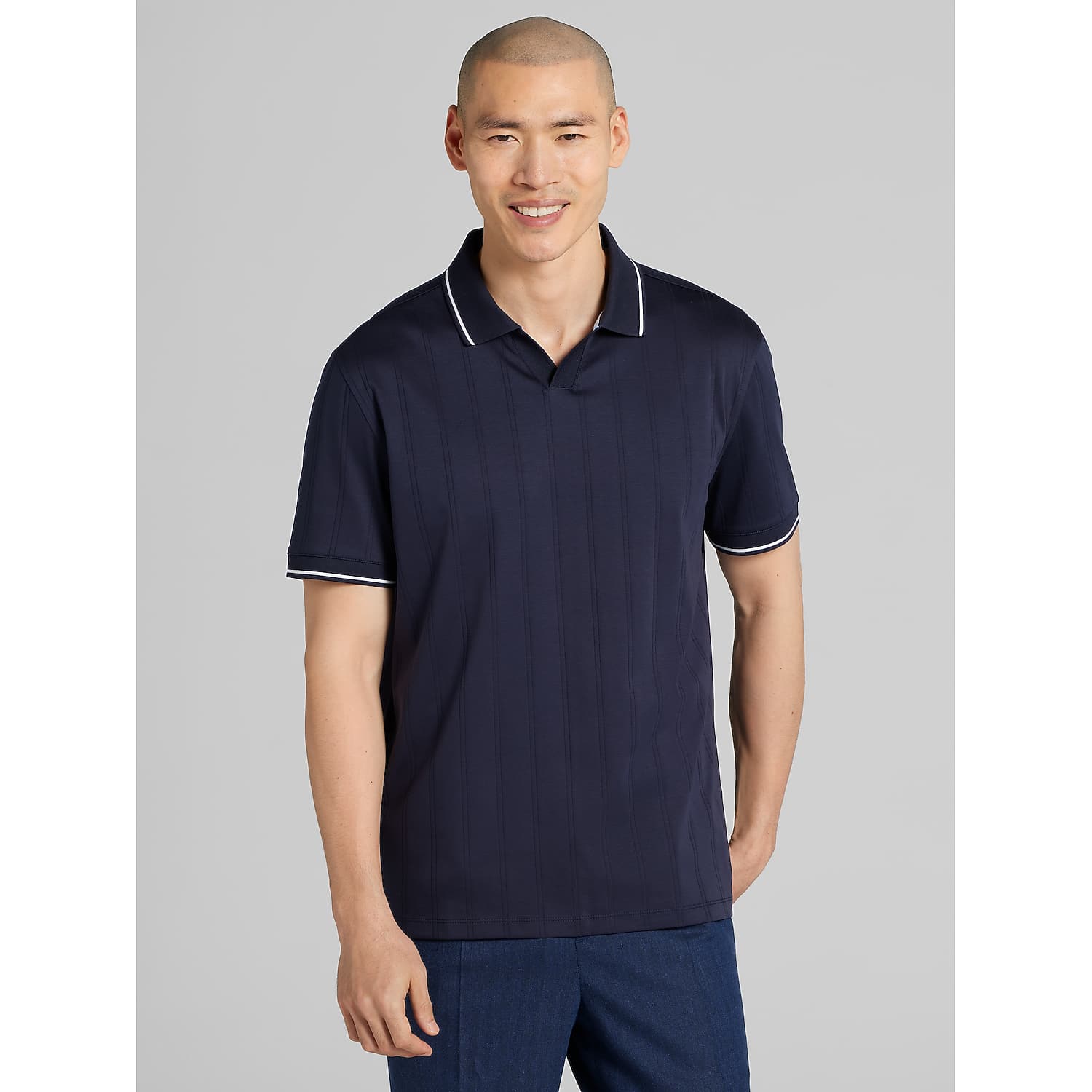 Joseph Abboud Modern Fit 100% Cotton Johnny Collar Polo in Navy Blazer Blue – Textured Drop Needle Men’s Short-Sleeve Shirt, Size Medium