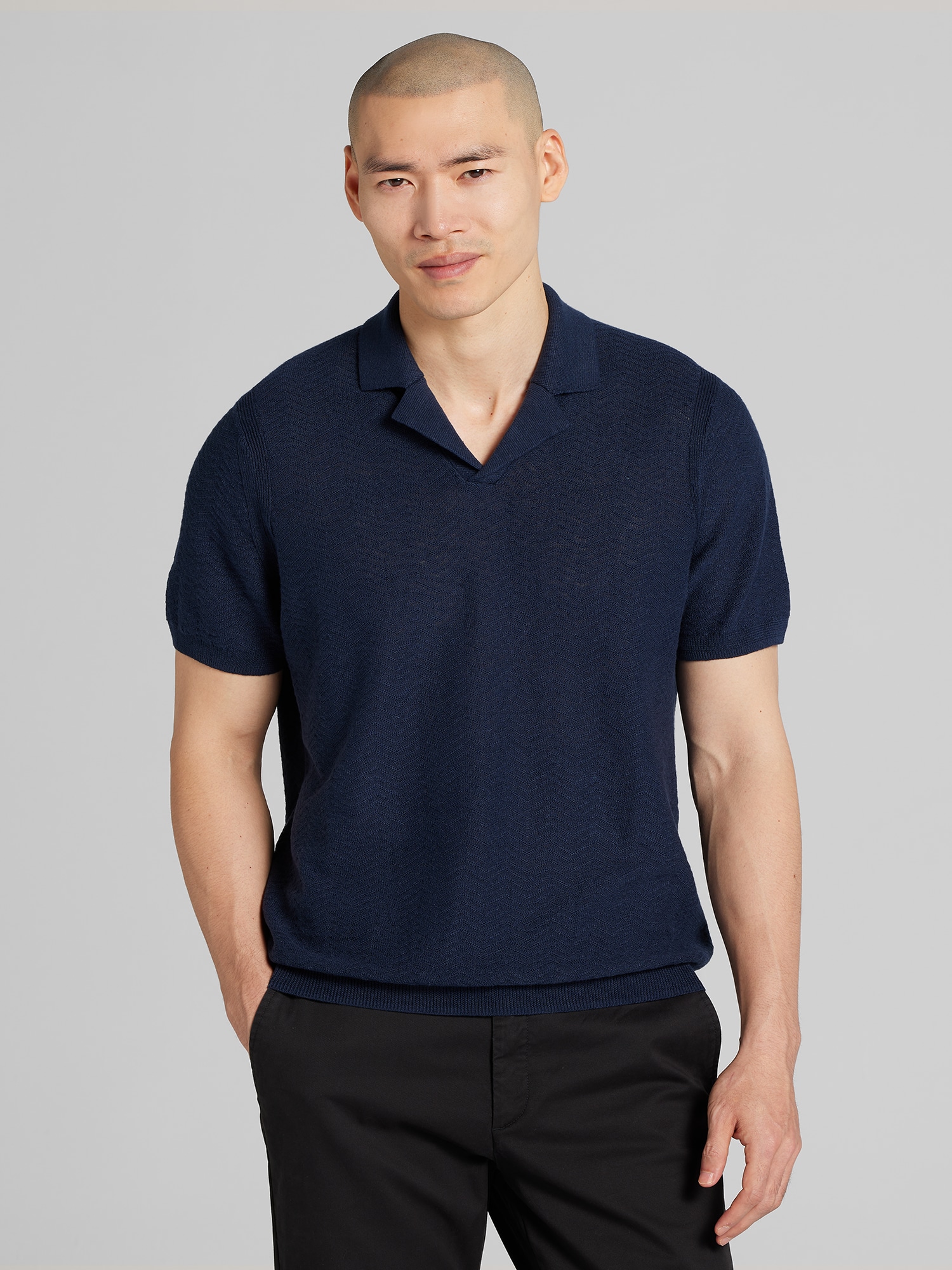 Joseph Abboud Linen Blend Camp Collar Polo Sweater, Navy Blazer