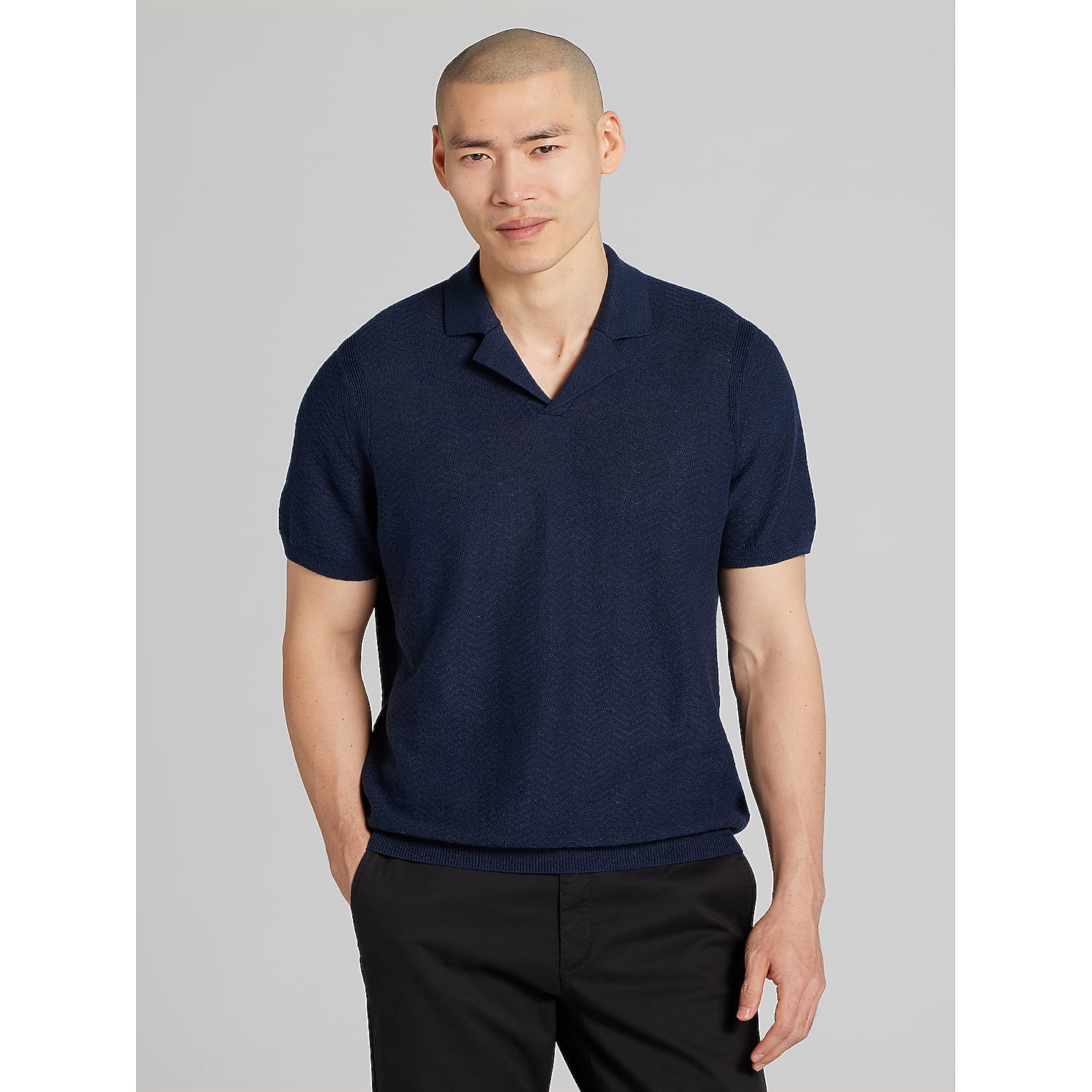 Joseph Abboud Linen Blend Camp Collar Polo Sweater in Navy Blazer – Short Sleeve Knit Men’s Polo Shirt, Size XL