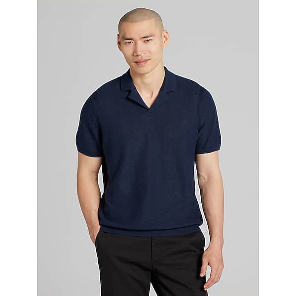 Joseph Abboud Linen Blend Camp Collar Polo Sweater in Navy Blazer Blue – Lightweight Short Sleeve Knit Top for Men, Size XL
