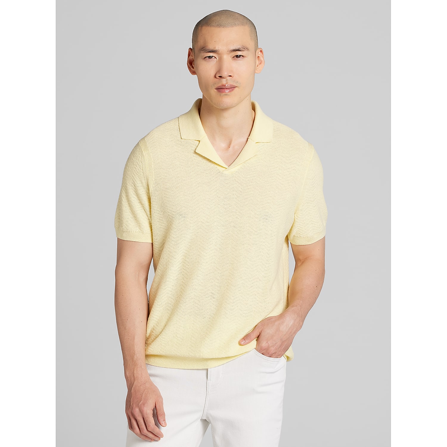Joseph Abboud Linen Blend Camp Collar Polo Sweater in Yellow – Lightweight Knit Short-Sleeve Men’s Top, Size Small