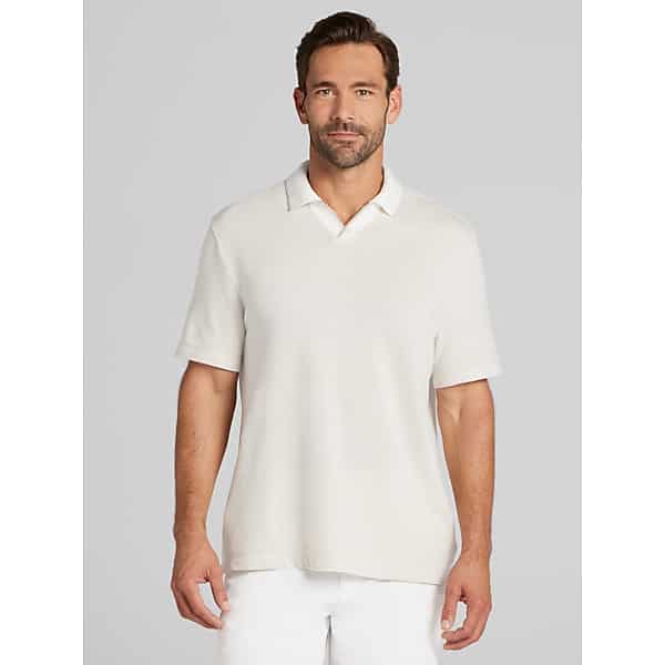 Joseph Abboud Big & Tall Men's Modern Fit Jacquard Knit Johnny Collar Polo Tan (Bright White) - Size: 2X