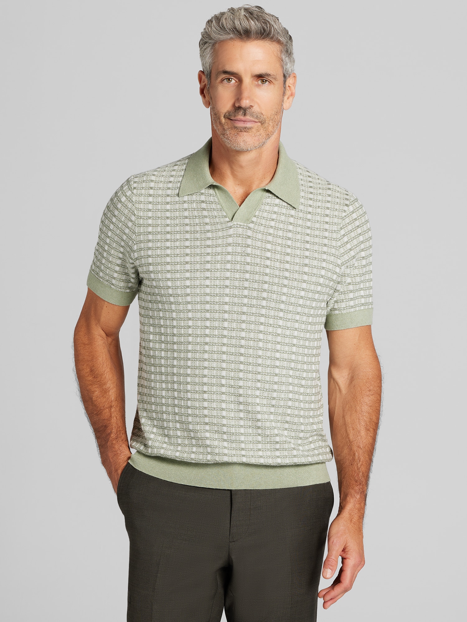 Joseph Abboud Johnny Collar Plaid Knit Polo Sweater, Basil/Bright