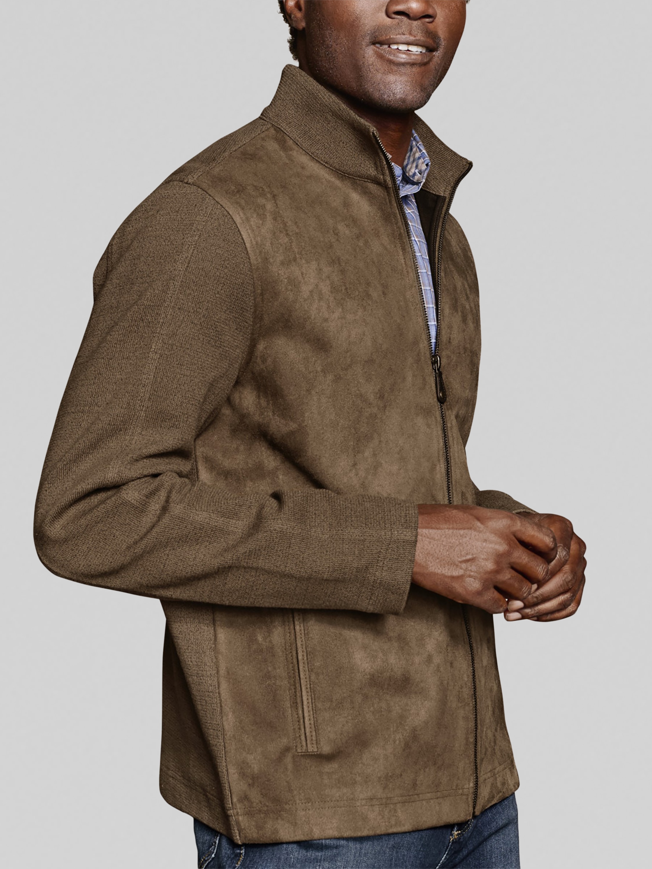 Johnston & Murphy Faux-Suede Full Zip Jacket, Tan | Lightweight