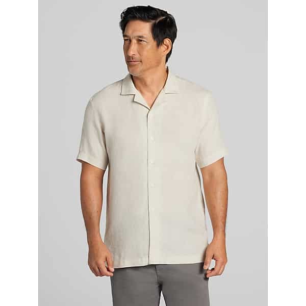 Joseph Abboud Big & Tall Men's Modern Fit 100% Linen Short Sleeve Camp Shirt Tan - Size: LT