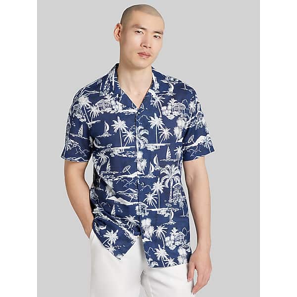 Joseph Abboud Big & Tall Men's Modern Fit Camp Collar Hawaiian Shirt Navy - Size: 4X