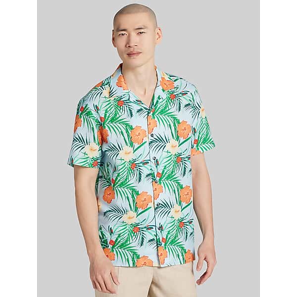 Joseph Abboud Men's Modern Fit Camp Collar Hawaiian Shirt Med Blue - Size: Medium
