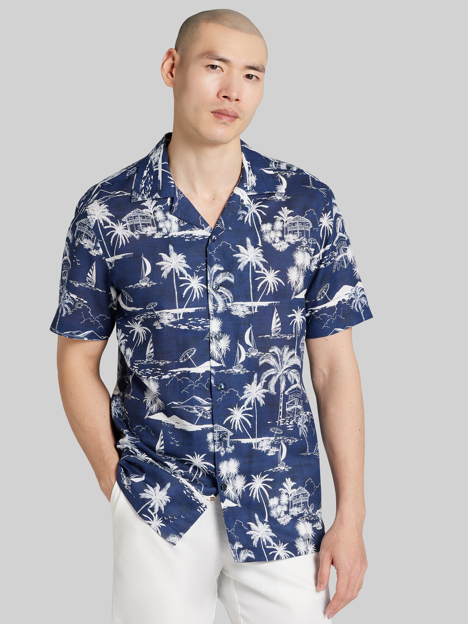Modern Fit Palm Trees and Sailboat Camp Shirt