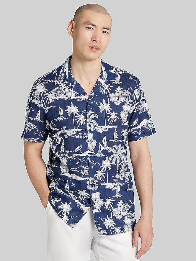 Joseph Abboud Modern Fit Palm Trees and Sailboat Camp Shirt