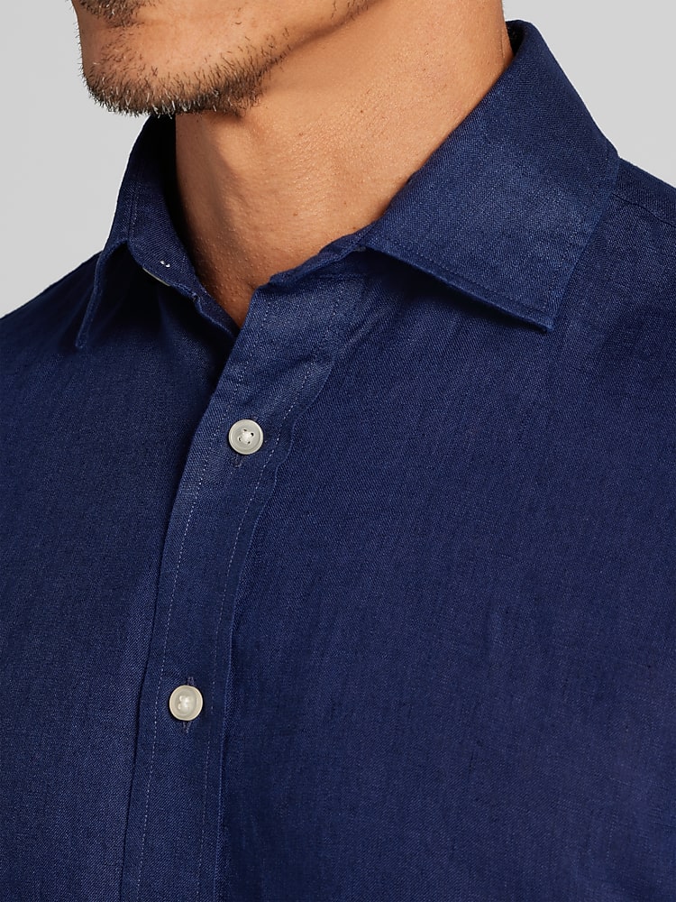 blue linen dress shirt men Hisdern Men's Short Sleeve Blue Casual Linen Shirts for Summer Beach 4XL main image 0