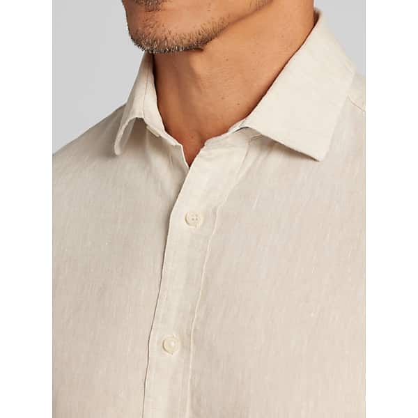 Joseph Abboud Men's Modern Fit 100% Linen Button Up Shirt Tan Ivory - Size: Large