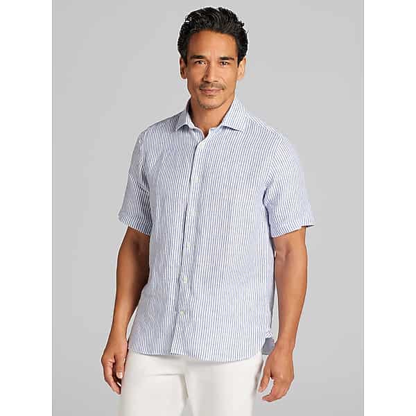 Joseph Abboud Men's Modern Fit 100% Linen Short Sleeve Button Up Shirt Blue - Size: XL