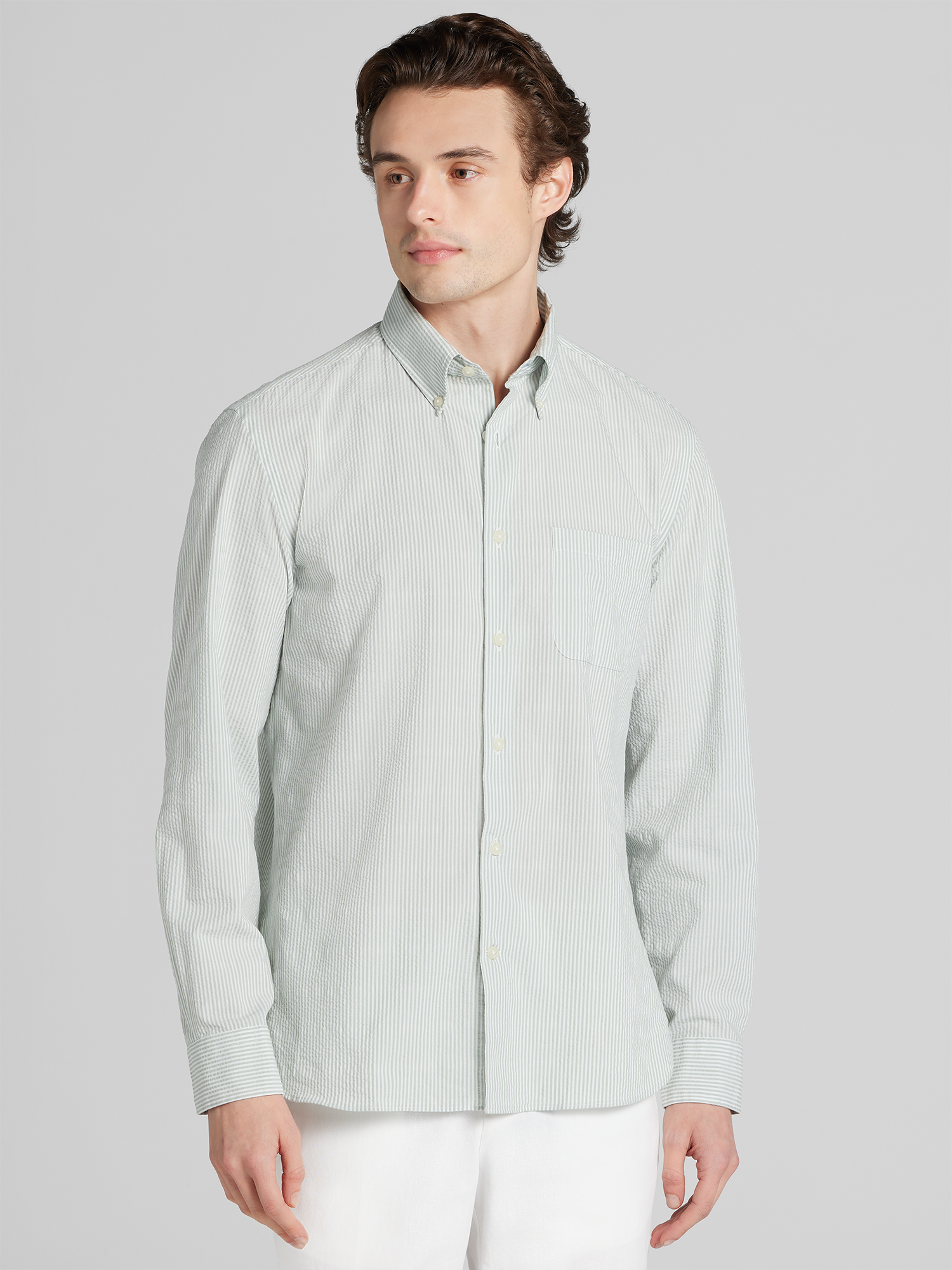 Modern Fit Seersucker Stripe Button Up Shirt