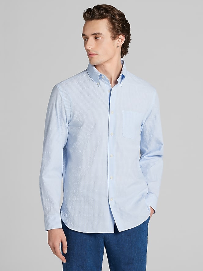 Joseph Abboud Modern Fit Seersucker Stripe Button Up Shirt, Blue - Image 2 of 4