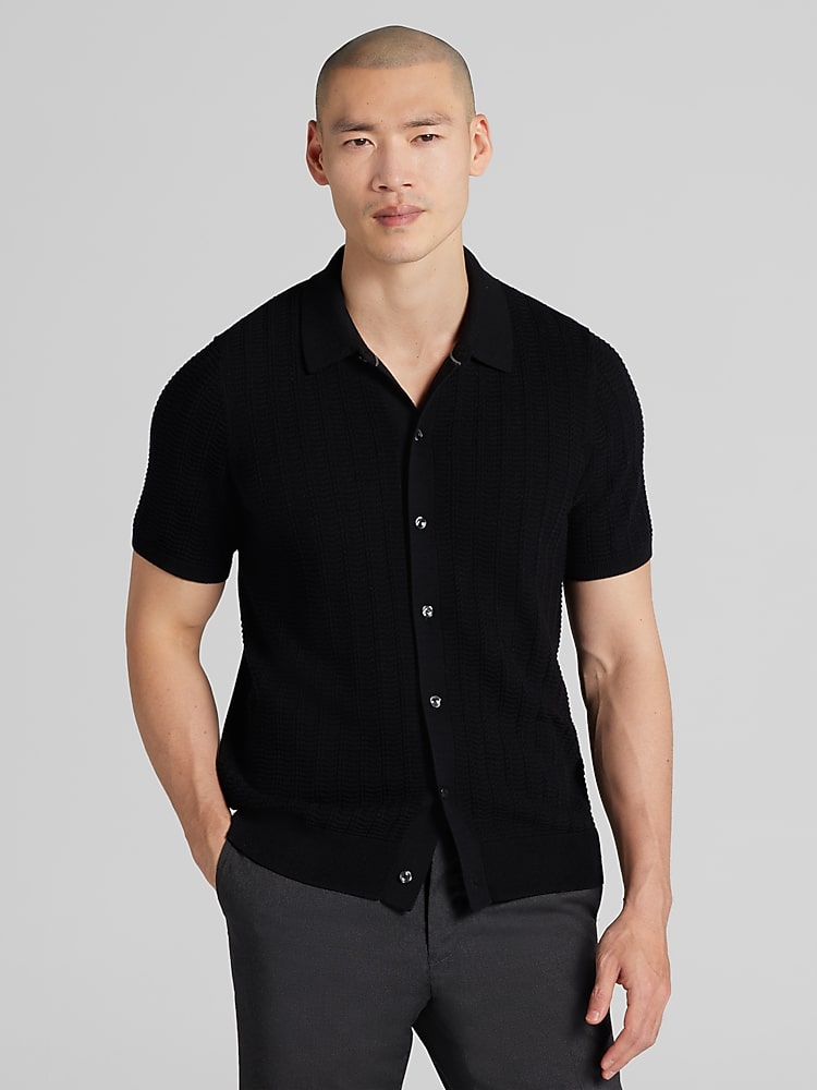 Awearness Kenneth Cole Mens Textured Short Sleeve Polo Sweater in Jet Black  Button Front Knit Shirt, Size Large
