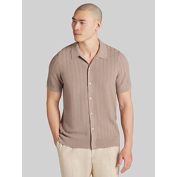Awearness Kenneth Cole Big & Tall Men's Textured Short Sleeve Polo Sweater Vintage Khaki - Size: LT