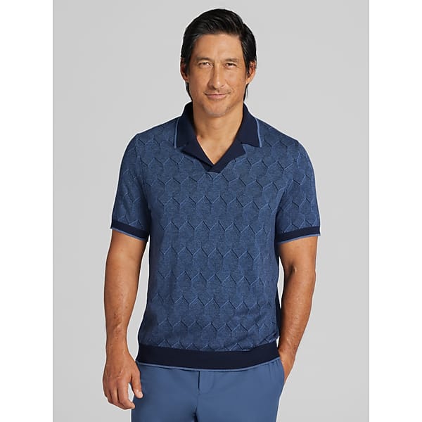 Joseph Abboud Modern Fit Jacquard Camp Collar Polo Sweater in Navy Blazer/Blue – Men’s Short-Sleeve Knit Shirt, Size Large