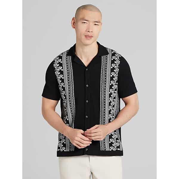 Joseph Abboud Men's Patterned Short Sleeve Button Front Knit Sweater Jet Black -