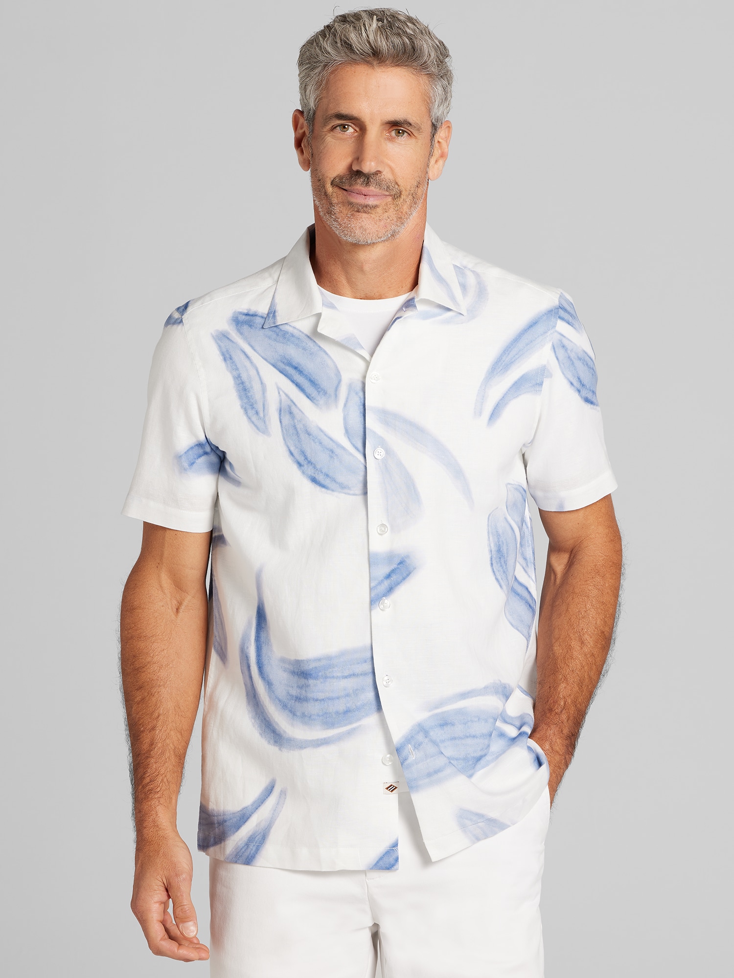 TUNEVUSE Men's Summer Jacquard Shirt - Short Sleeve Floral Print Button-Down, Satin Finish, Navy Blue - View #8