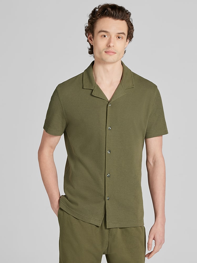 slim fit dress slacks Sage Green Short Sleeve Men Button Down Shirt, Olive Solid Color Print Casual Buttoned Summer Dress Collared Plus Size S main image 0
