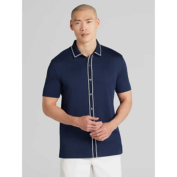 Joseph Abboud Men's Modern Fit Ultra-Soft Stretch Cotton Short Sleeve Button Up Shirt Navy - Size: Medium