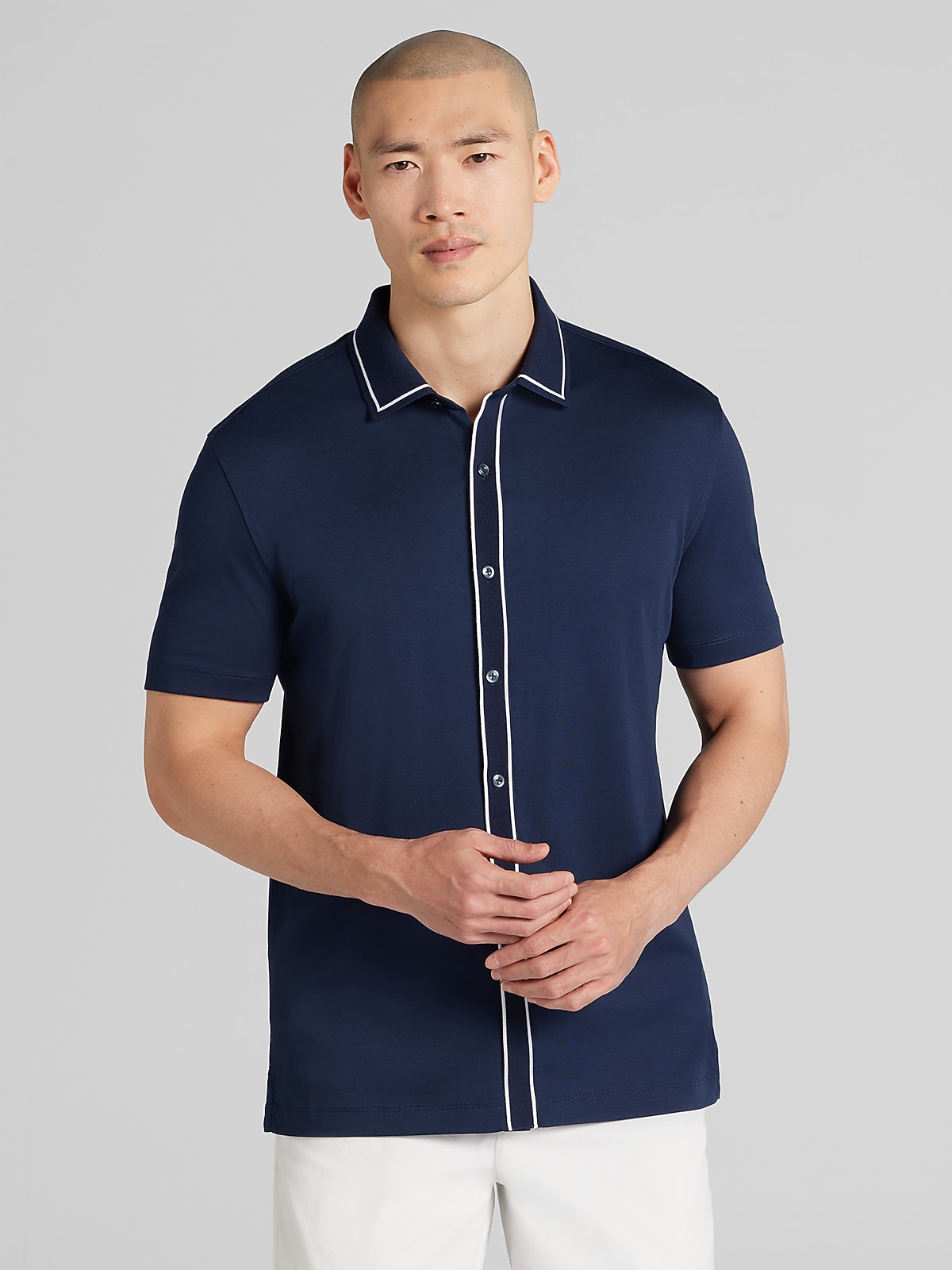 navy blue dress shirt short sleeve Hisdern Men's Navy Blue Short Sleeve Business Casual Shirt with Splicing L