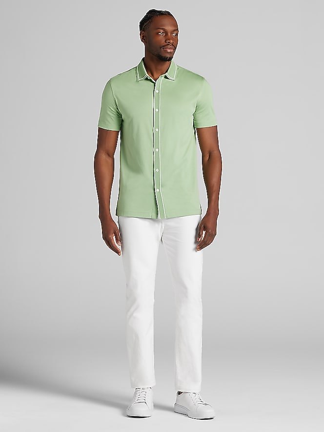 Joseph Abboud Modern Fit Ultra-Soft Stretch Cotton Short Sleeve Button Up Shirt, Basil - Image 3 of 4