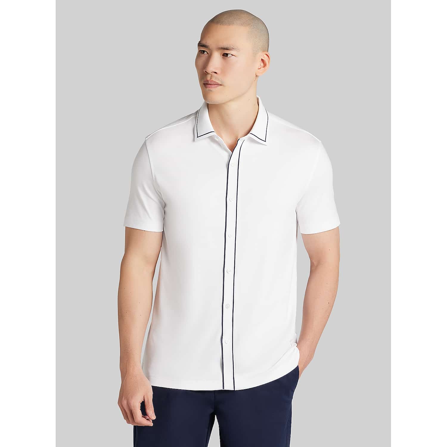 Joseph Abboud Modern Fit Cotton Modal Short Sleeve Button Up Shirt in White – Men’s Knit Polo Style Top, Size Large