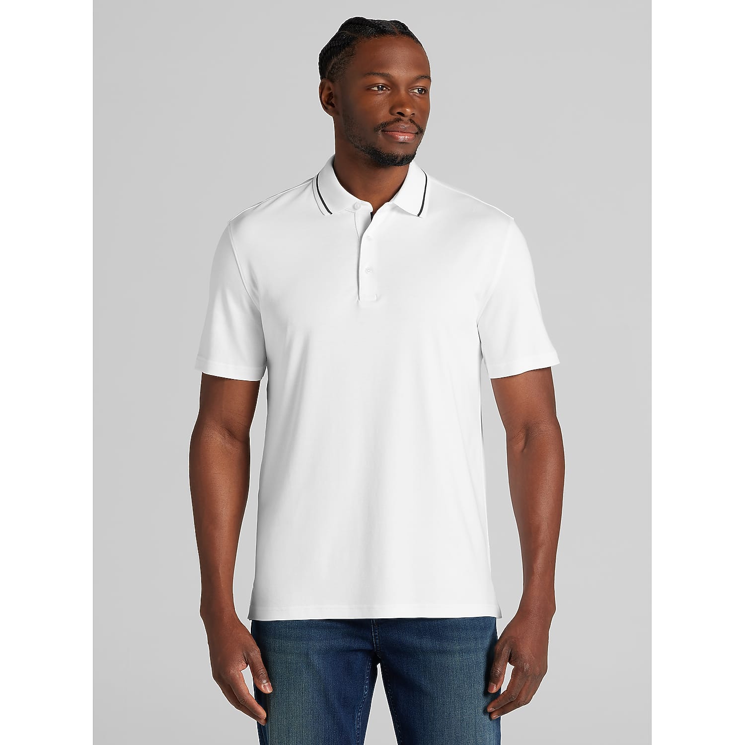 Joseph Abboud Big & Tall Modern Fit Cotton Modal Tipped Polo Shirt in White – XXL Short-Sleeve Knit Golf Polo