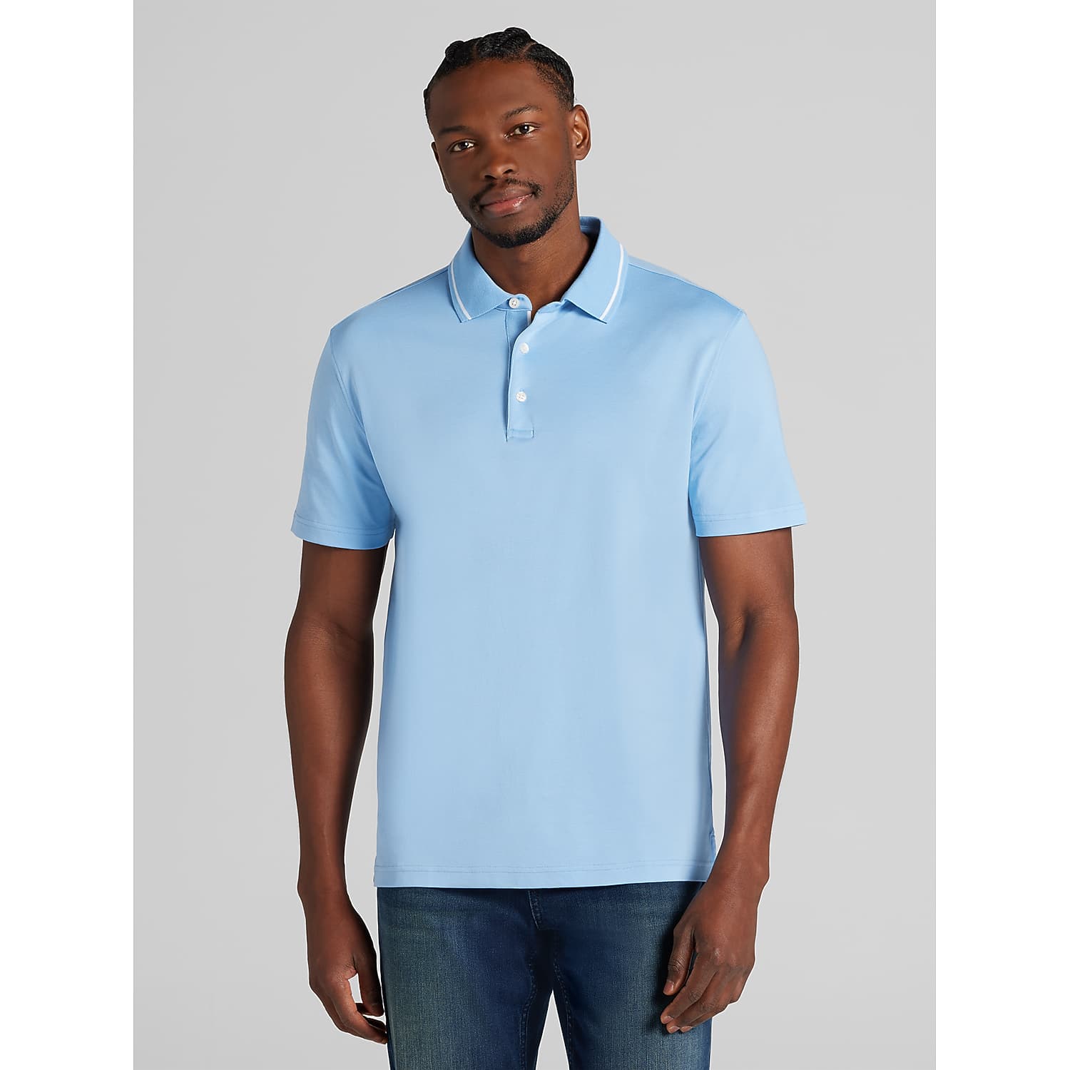 Joseph Abboud Modern Fit Cotton Modal Tipped Polo Shirt in Della Robbia Blue – Men’s Size Large Casual Short Sleeve Golf Polo