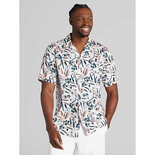 Joseph Abboud Big & Tall Men's Modern Fit Lightweight Short Sleeve Camp Shirt Blue/Orange - Size: XLT