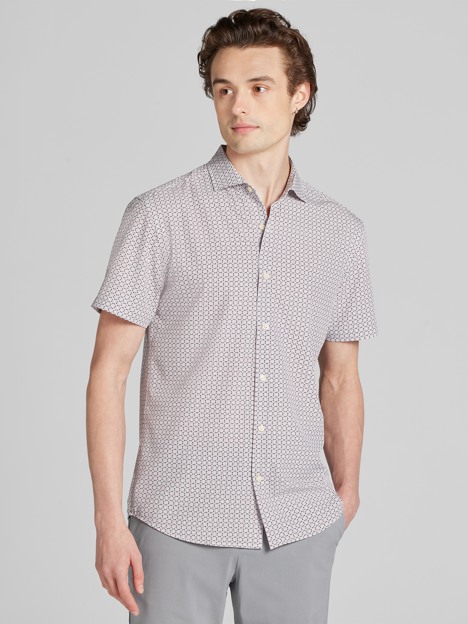 Slim Fit Woven 4‑way Stretch Short Sleeve Button Up Shirt