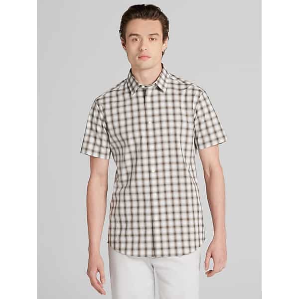 Awearness Kenneth Cole Ombre Plaid Short Sleeve Button Up Shirt in Tan and Brown – Men’s Slim Fit Casual Shirt, Size Medium