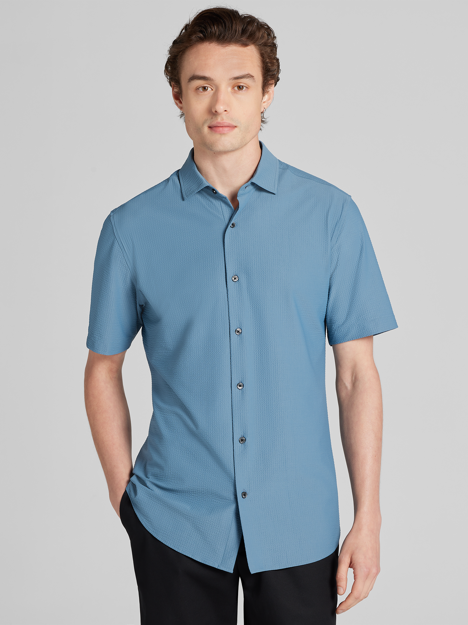 Slim Fit Patterned Short Sleeve Button Up Shirt