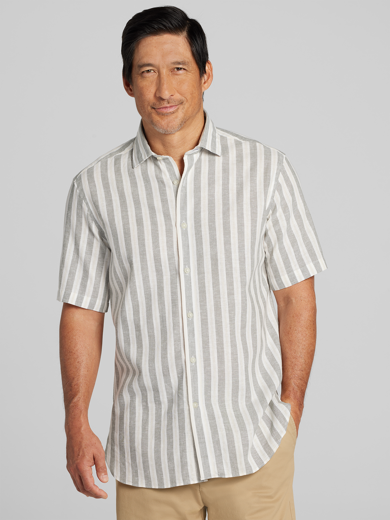 Modern Fit Linen Blend Stripe Button Up Shirt