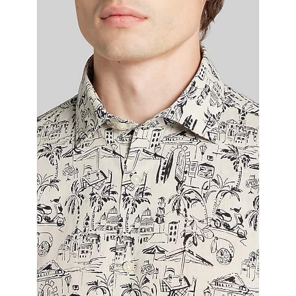 Joseph Abboud Men's Modern Fit Cotton Blend Short Sleeve Button Up Shirt Tan/Black - Size: Large