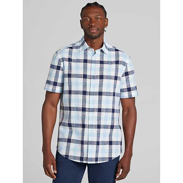 Joseph Abboud Big & Tall Men's Classic Fit Plaid Woven Short Sleeve Button Up Shirt Lt Blue - Size: XLT