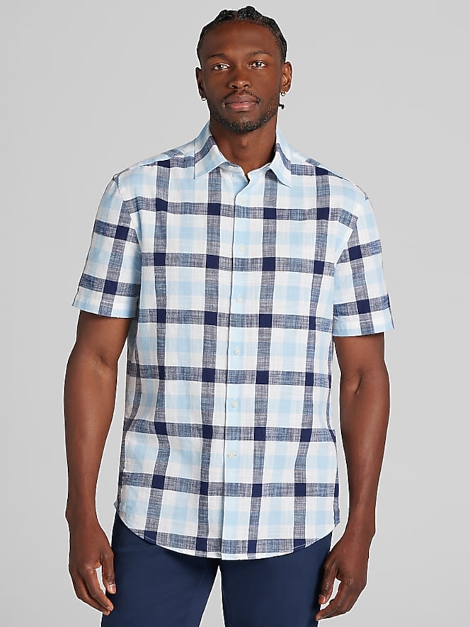 Joseph Abboud Classic Fit Plaid Woven Short Sleeve Button Up Shirt