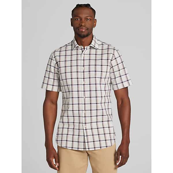 Joseph Abboud Men's Modern Fit Woven Plaid Short Sleeve Button Up Shirt Tan - Size: Small