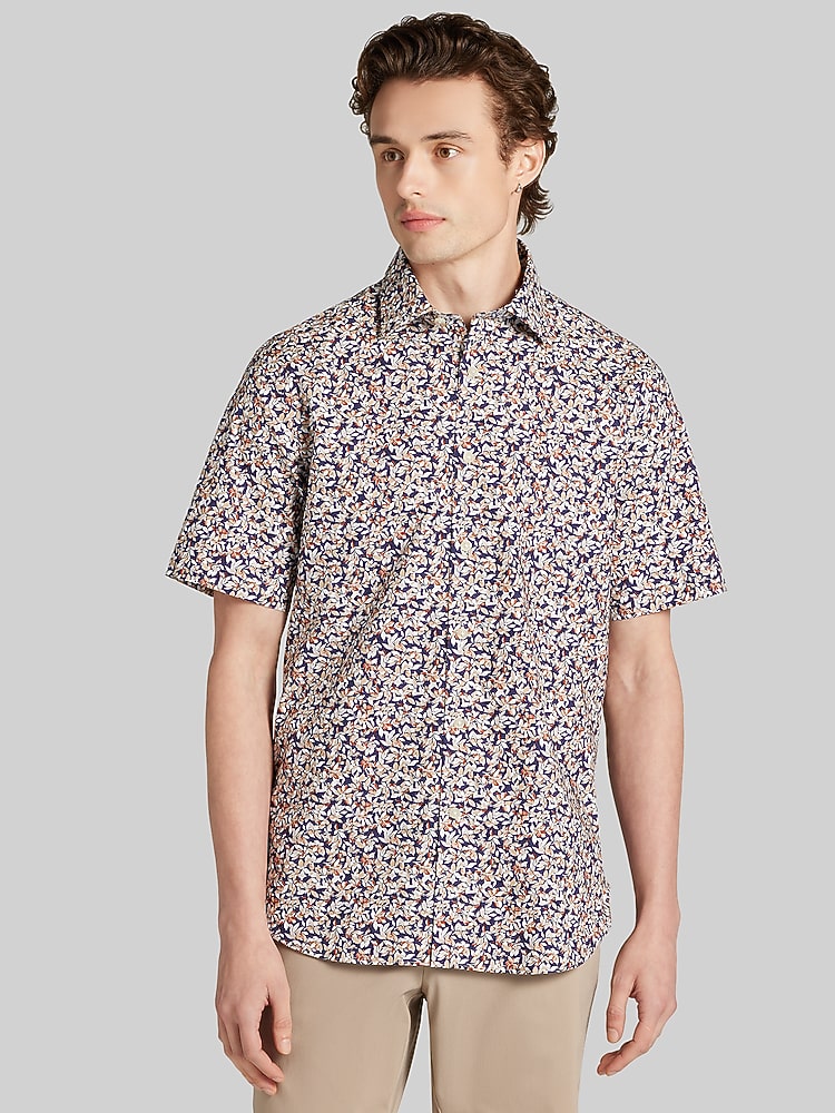 Joseph Abboud Modern Fit Micro Floral Short Sleeve Woven Shirt, Navy - Blue  | Short Sleeve Button Up Shirts | Men's Wearhouse