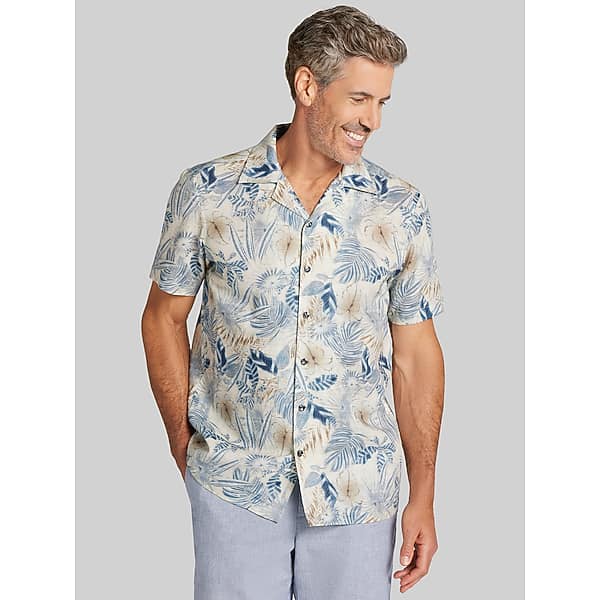 Joseph Abboud Big & Tall Men's Modern Fit Tropical Leaf Camp Shirt Light Khaki - Size: 1X