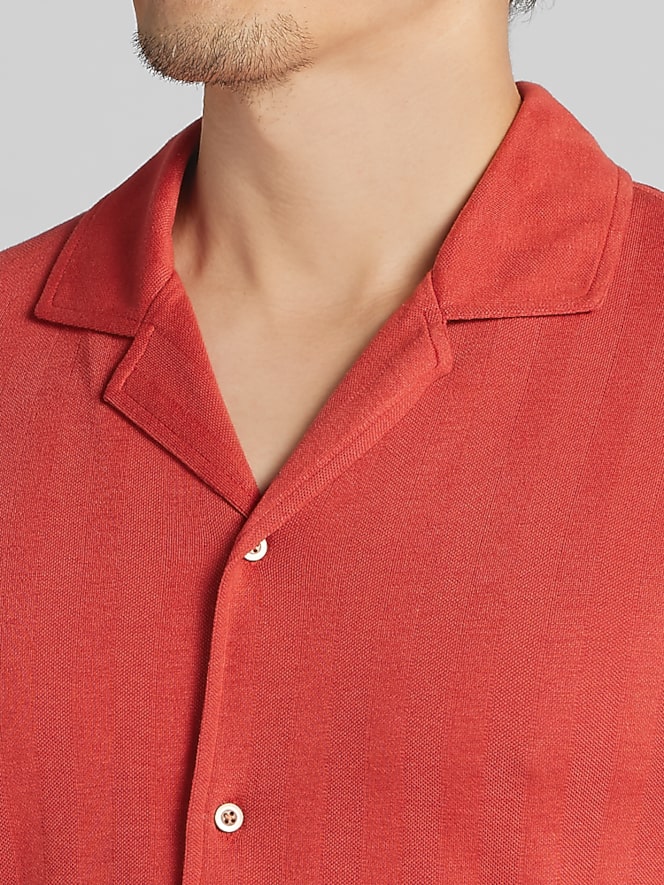 Joseph Abboud Modern Fit Textured Stripe Knit Camp Shirt, Cinnabar - Image 2 of 4