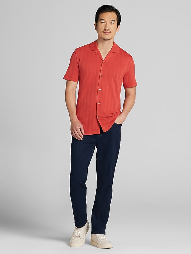 Joseph Abboud Modern Fit Textured Stripe Knit Camp Shirt, Cinnabar - Image 3 of 4