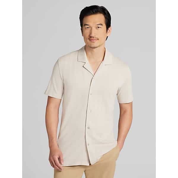 Joseph Abboud Big & Tall Men's Modern Fit Textured Stripe Knit Camp Shirt Cream - Size: XXL