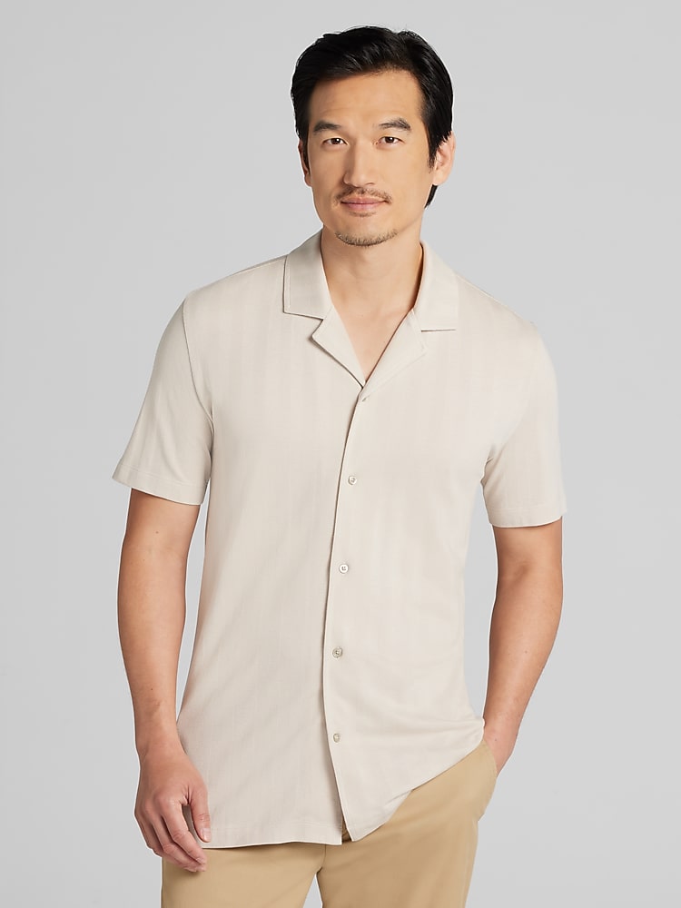 cream dress shirts Joseph Abboud Modern Fit Textured Stripe Knit Camp Shirt, - White - Big & Tall | Camp Valnti Beige Vintage Wedding Dresses collection:icons-collectors-sale spread collar and single Size:MED B37 W32 H37