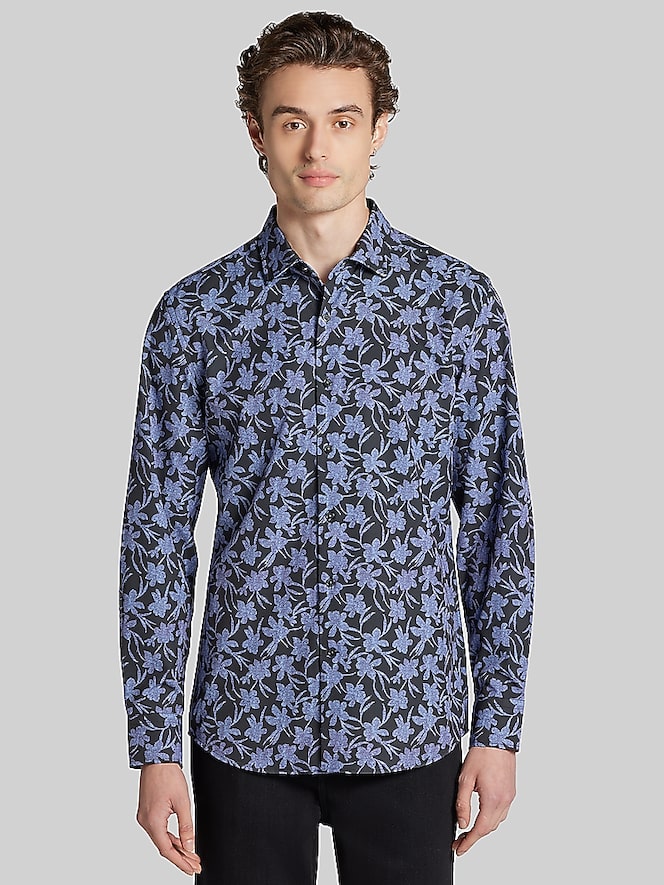 Awearness Kenneth Cole Slim Fit Modern Floral Woven 4‑Way Stretch Button Up Shirt