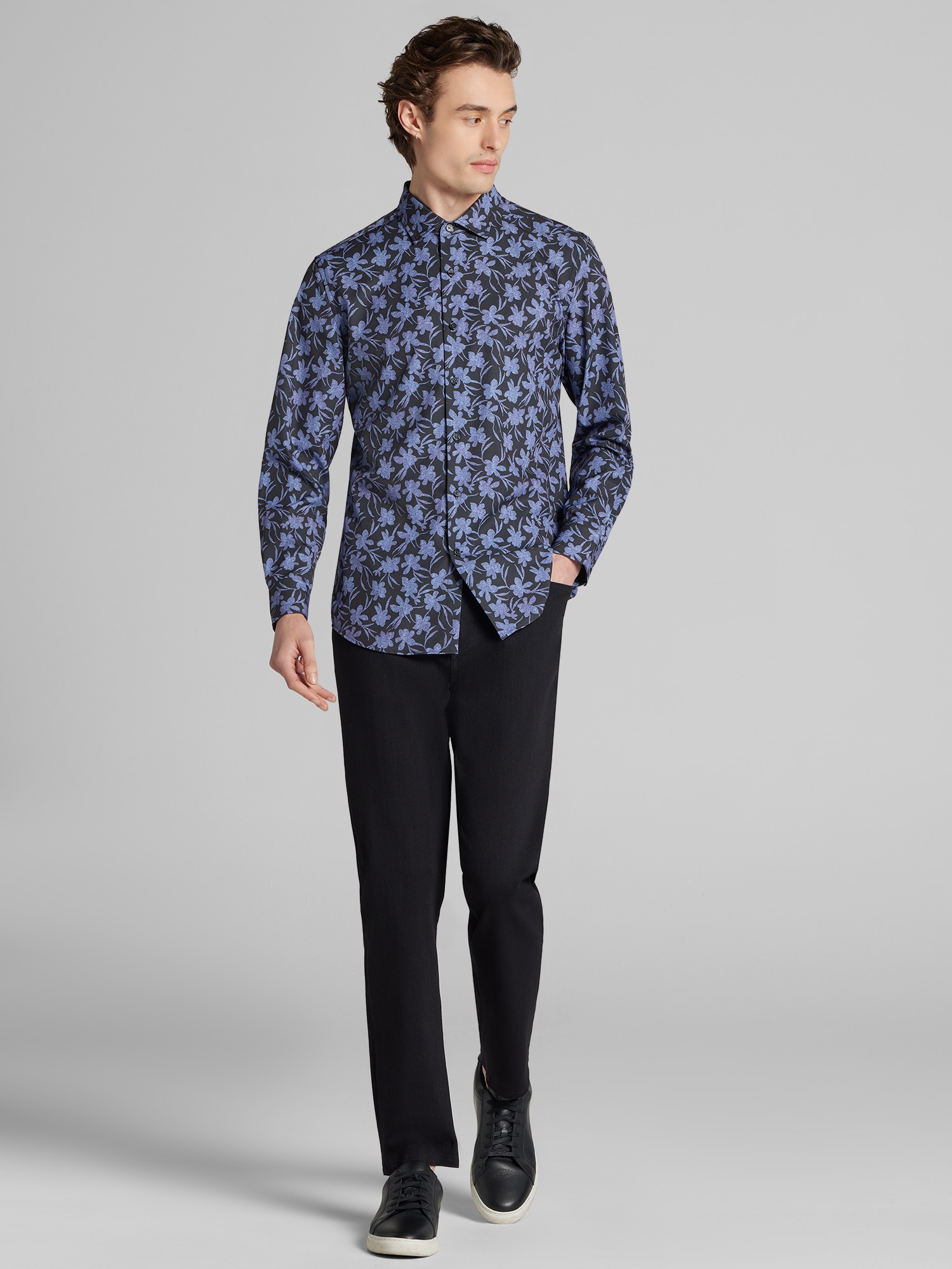 Slim Fit Modern Floral Woven 4‑Way Stretch Button Up Shirt