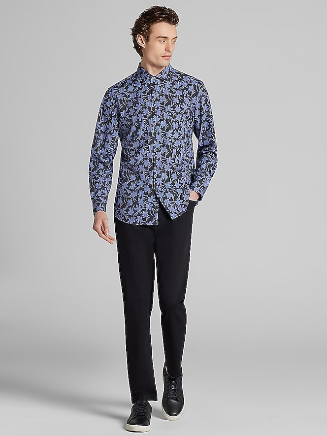Awearness Kenneth Cole Slim Fit Modern Floral Woven 4‑Way Stretch Button Up Shirt