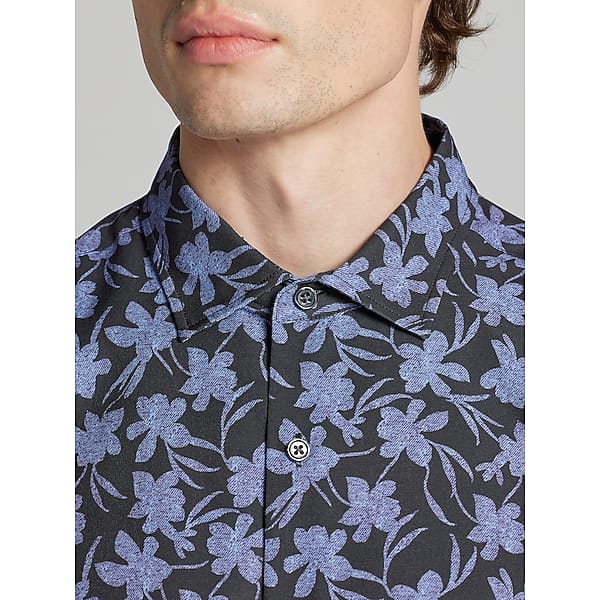 Awearness Kenneth Cole Big & Tall Men's Slim Fit Modern Floral Woven 4‑Way Stretch Button Up Shirt Navy - Size: LT